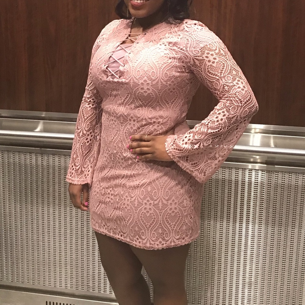 Mauve Bell Sleeve Lace Up Front Crochet Dress